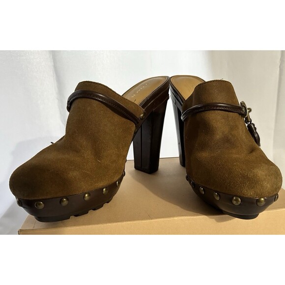 Womens Coach RANA Mules Brown Leather Suede  W/Block Heels Studs & Tassel Sz 8.5 - Picture 4 of 13
